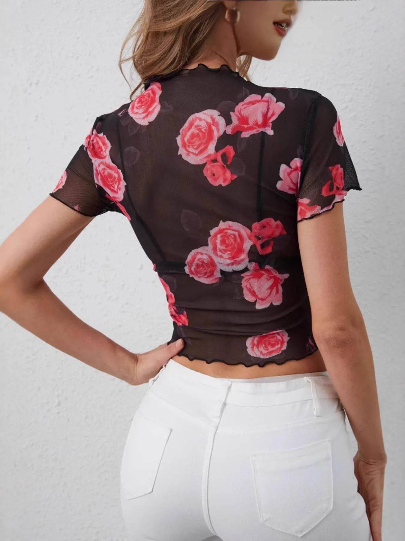 Mesh Rose Print Fitted T-Shirt Trendsi 84fe4b7b8f9f46a588bd6bfa4adee637-Max-Origin