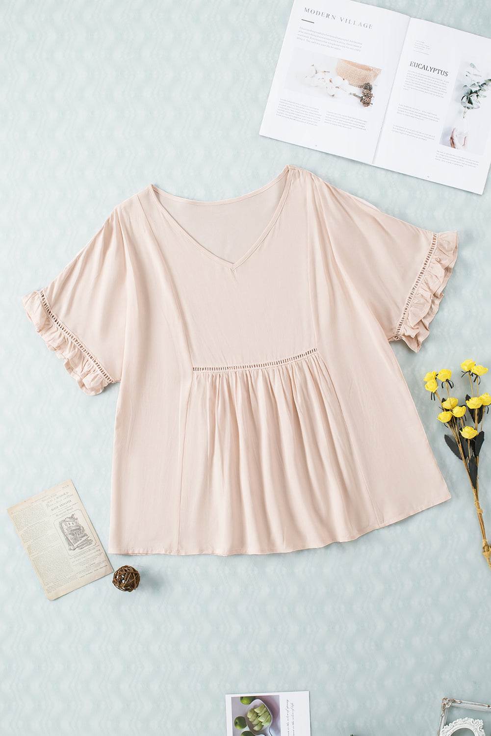 V-Neck Flounce Sleeve Babydoll Blouse Light Apricot Trendsi 850ec22997a34df285fdc1abd48b9d1c-Max