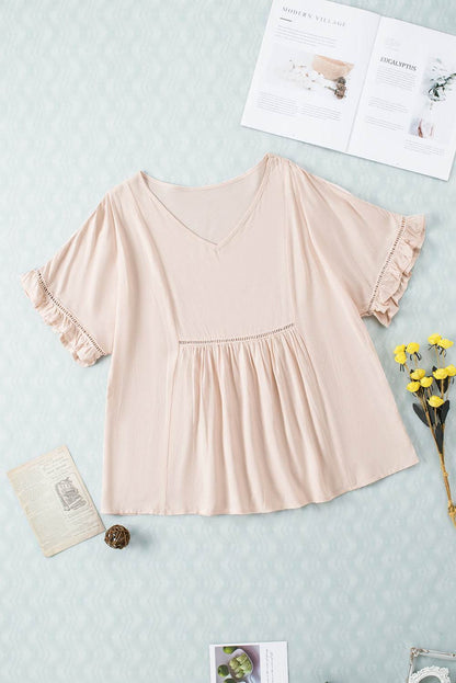 V-Neck Flounce Sleeve Babydoll Blouse Light Apricot Trendsi 850ec22997a34df285fdc1abd48b9d1c-Max