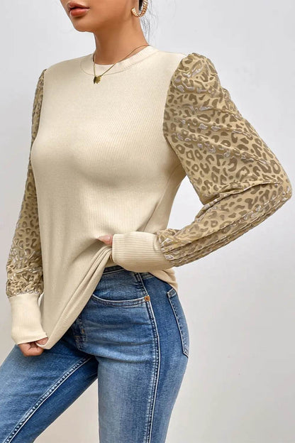 Leopard Print Long Sleeve Ribbed Knit Blouse Trendsi 85113cd166c847b8b903c612abb3072f-Max