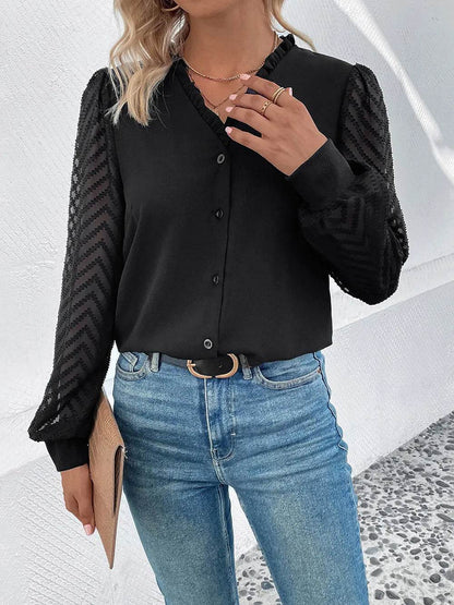 Perfee Mesh V-Neck Button Front Blouse Trendsi 851e194d674a4a90ada2002b79b4fac2-Max