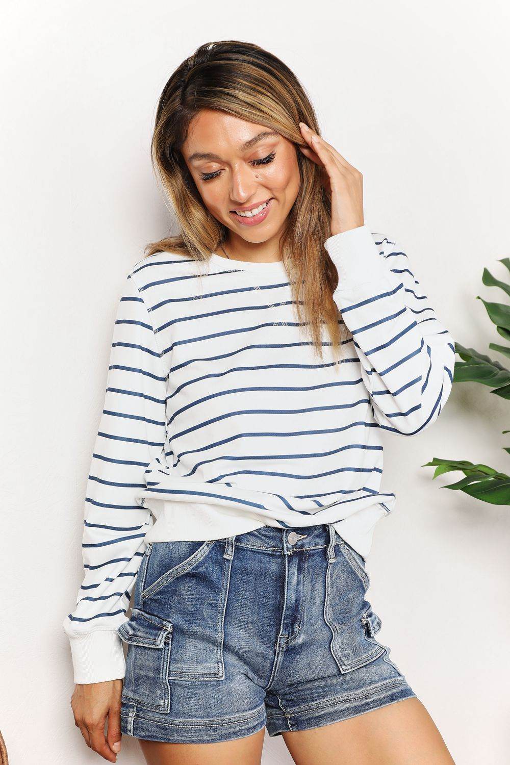 Double Take Striped Long Sleeve Round Neck Top Trendsi 85203a87b4ee4e349691c52a19b970e7-Max