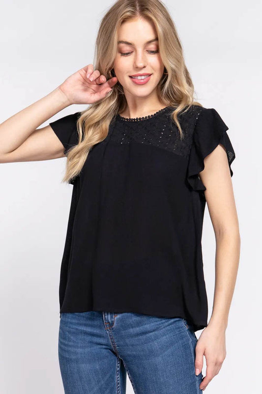 ACTIVE BASIC Ruffle Short Sleeve Crochet Blouse Black Trendsi 8520e791-1da3-400e-8475-eaf14cc985c9-Max