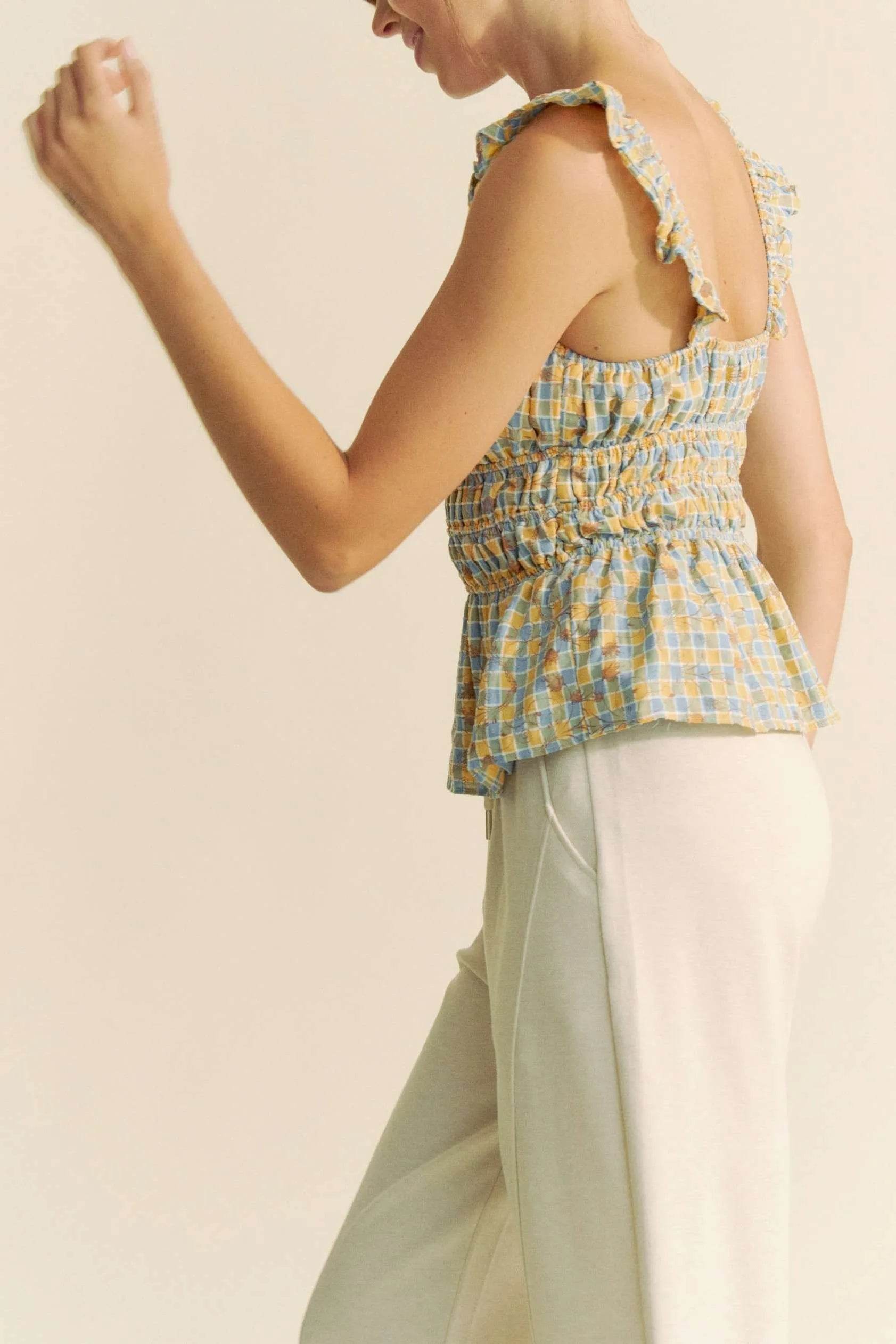 Davi & Dani Plaid Ruffled Strap Smocked Sleeveless Top Trendsi 8524db407c8e4f12bb0597cae67e2c62-Max-Origin