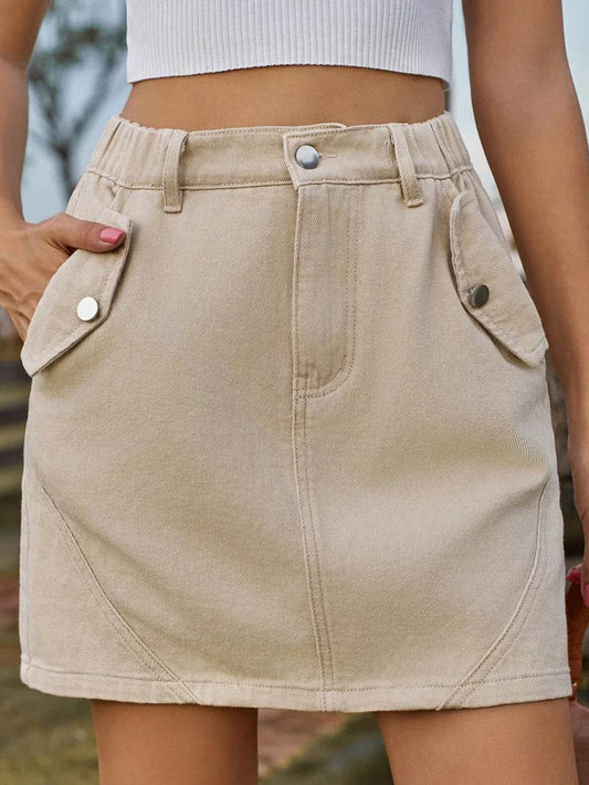 Pocketed Buttoned Mini Denim Skirt Tan Trendsi 8540480c-e743-490e-9b70-4c6906f2f118-Max