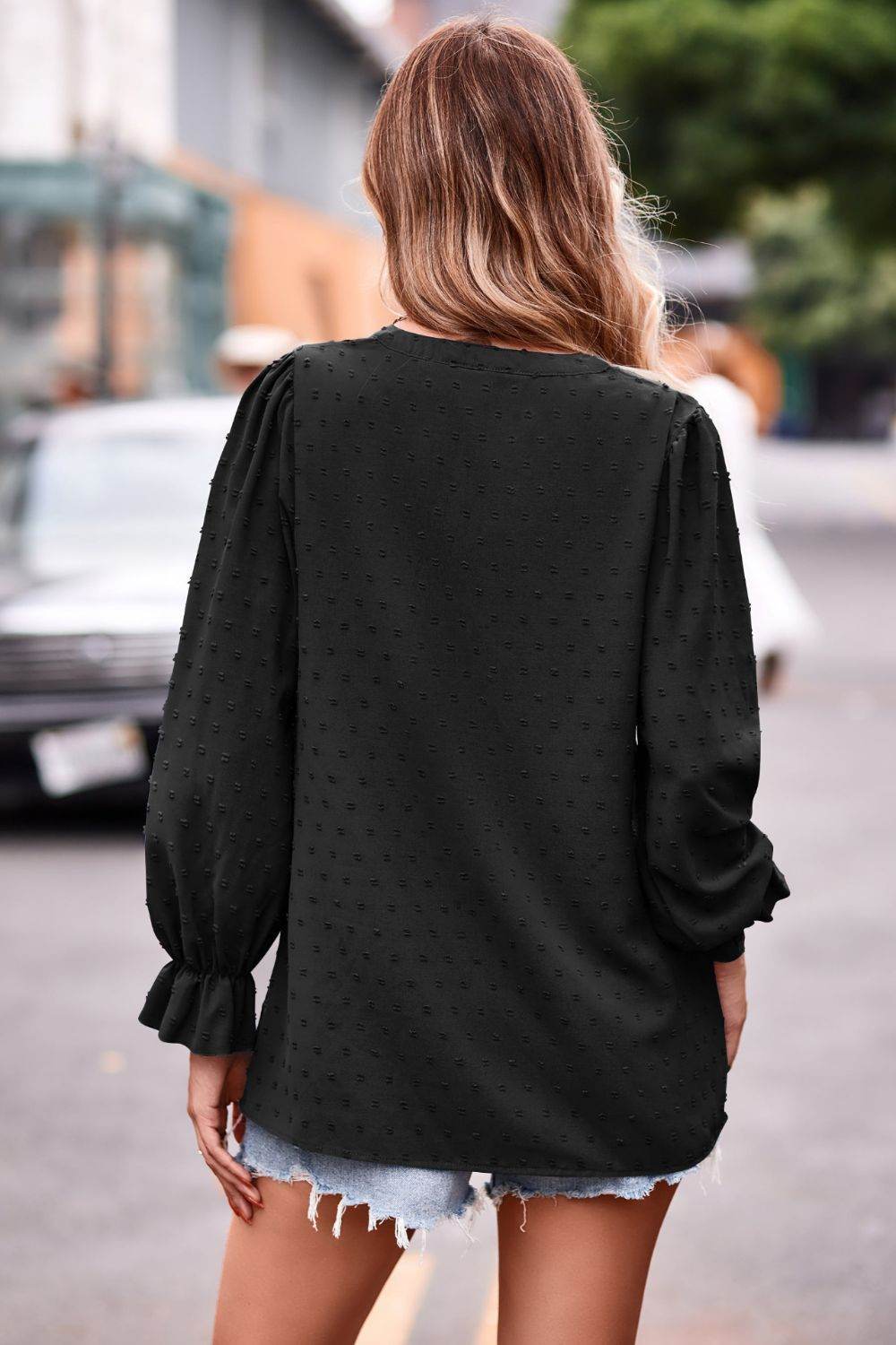 Swiss Dot Notched Neck Flounce Sleeve Blouse Trendsi 854218d4bdb54982a7ff9089f3075a66-Max