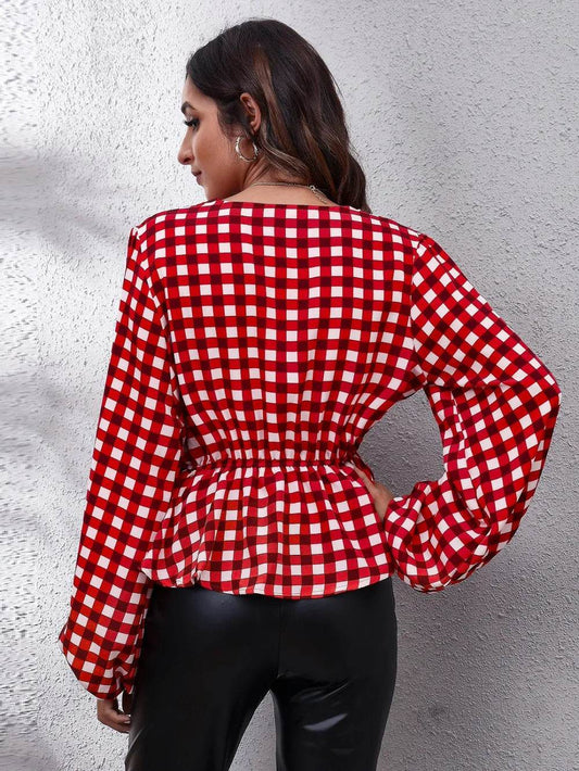 Plaid V-Neck Balloon Sleeve Peplum Blouse Trendsi 854f4b56ba864cc3a744e8e4aaeaea71-Max