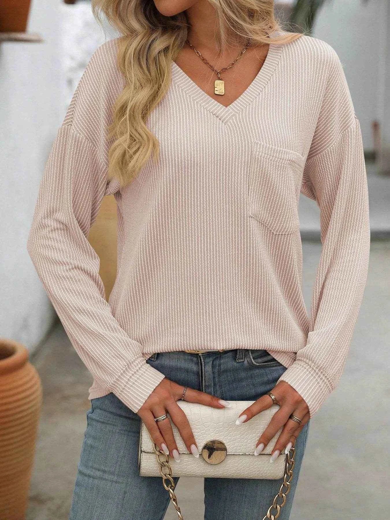Ribbed V-Neck Long Sleeve T-Shirt Trendsi 855fa19d-a4a0-4f93-8941-852c0ac6b535-Max-Origin