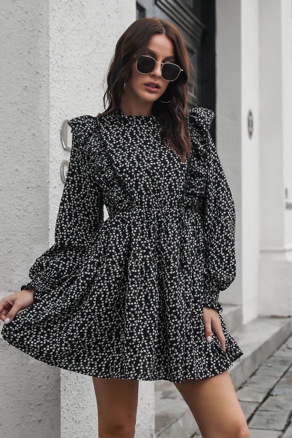 Printed Ruffle Trim Smocked Long Sleeve Mini Dress Black Trendsi 85656f6aaac8485fa45b56e2926d9497-Max