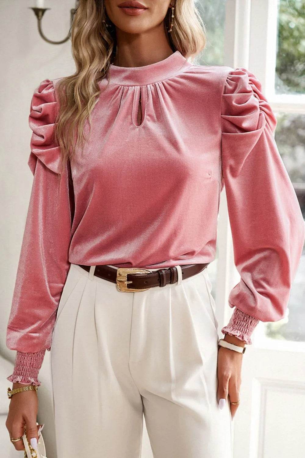 Tie Up Mock Neck Velvet Fabric Long Sleeve Blouse Trendsi 856928c8-c4be-41c2-a71e-82c1fc5fc968-Max