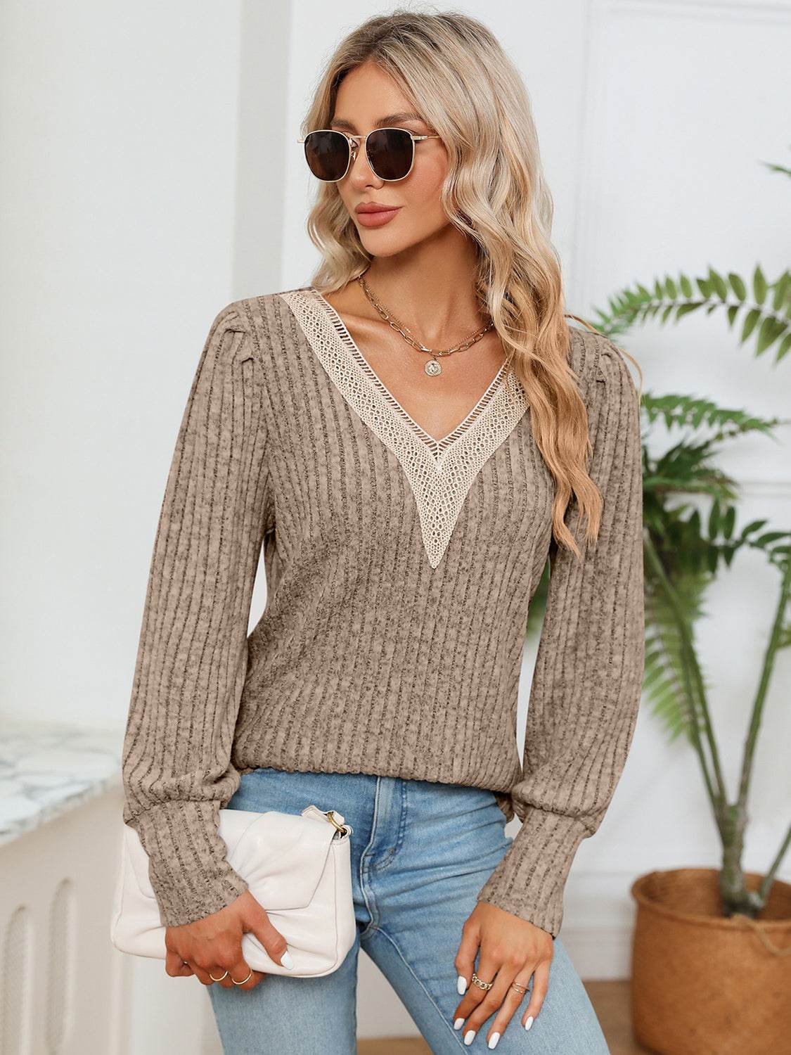 Lace Detail V-Neck Ribbed Blouse Trendsi 856b09acb9c348ac835892f622d28dc3-Max