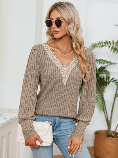 Lace Detail V-Neck Ribbed Blouse Trendsi 856b09acb9c348ac835892f622d28dc3-Max