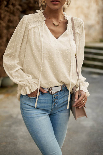 Devine Swiss Dot Smocked Shoulder Blouse Trendsi 85880b0dad194b6dac2f6b4d37879a33-Max