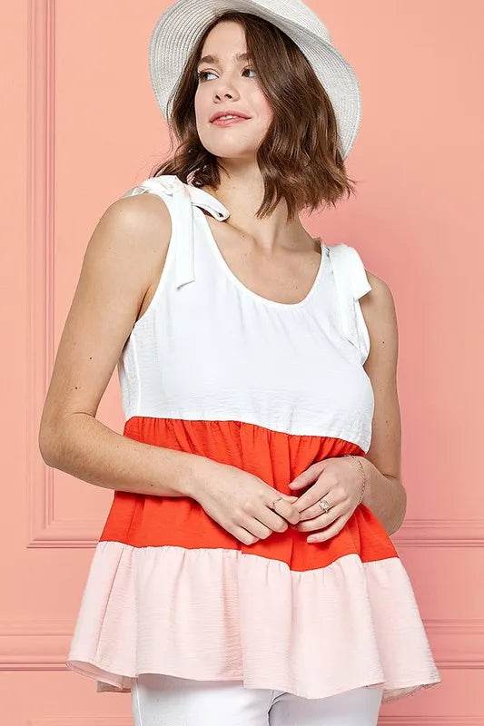 Lime 'N' Chili Color Block Sleeveless Tie Shoulder Babydoll Top Trendsi 8592765847f24110873df13749f89250-Max-Origin