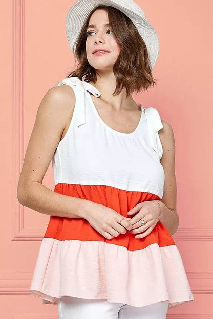 Lime 'N' Chili Color Block Sleeveless Tie Shoulder Babydoll Top Trendsi 8592765847f24110873df13749f89250-Max-Origin