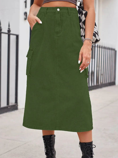 Slit Buttoned Denim Skirt with Pockets Army Green Trendsi 8593c8af-f983-43f2-a96e-114907481a4a-Max