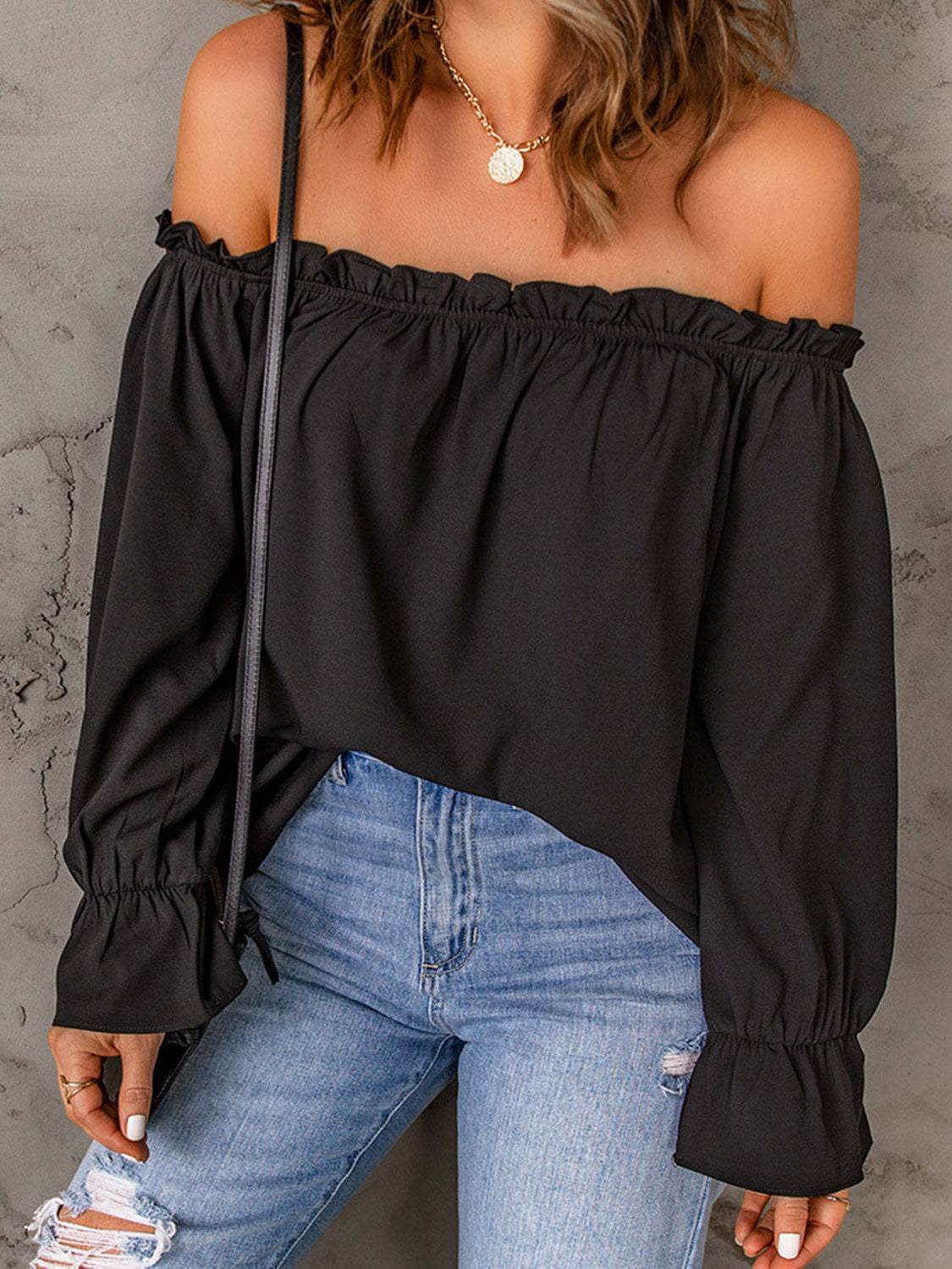 Off-Shoulder Flounce Sleeve Blouse Trendsi 85a9411744c144e696d4e4b0631c9143-Max