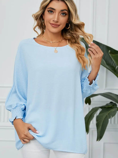 Smocked Lantern Sleeve Round Neck Blouse Misty Blue Trendsi 85ade211d066415596e6d5601722bdaa-Max