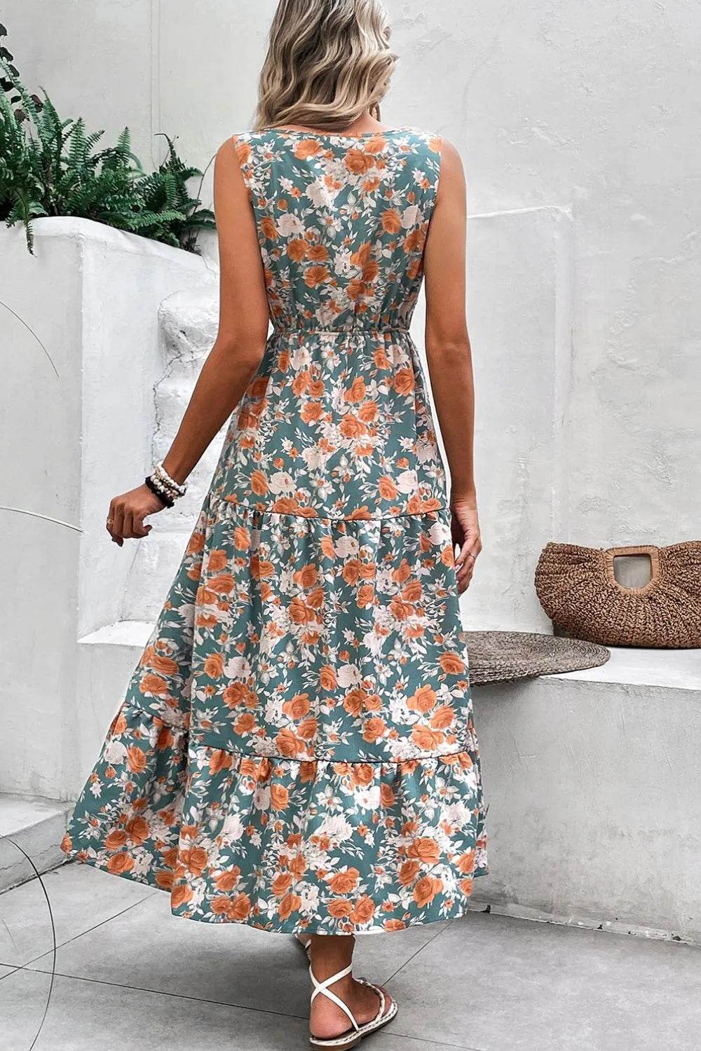 Floral Print Trimmed V Neck Tie Waist Sleeveless Dress Trendsi 85ceb639-bfc4-4767-a026-0b0336e0a8d2-Max-Origin