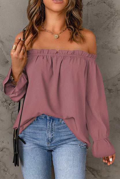 Off-Shoulder Flounce Sleeve Blouse Dusty Pink Trendsi 85e369c69fd74ddd85f389a3a5bf8375-Max