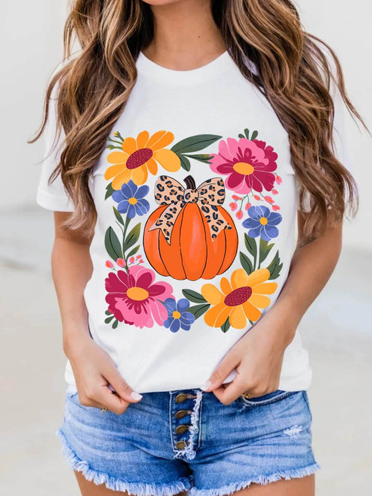 Pumpkin Floral Graphic Round Neck T-Shirt Trendsi 85e40510ab494e1a8c161a7caa6bdb0b-Max-Origin