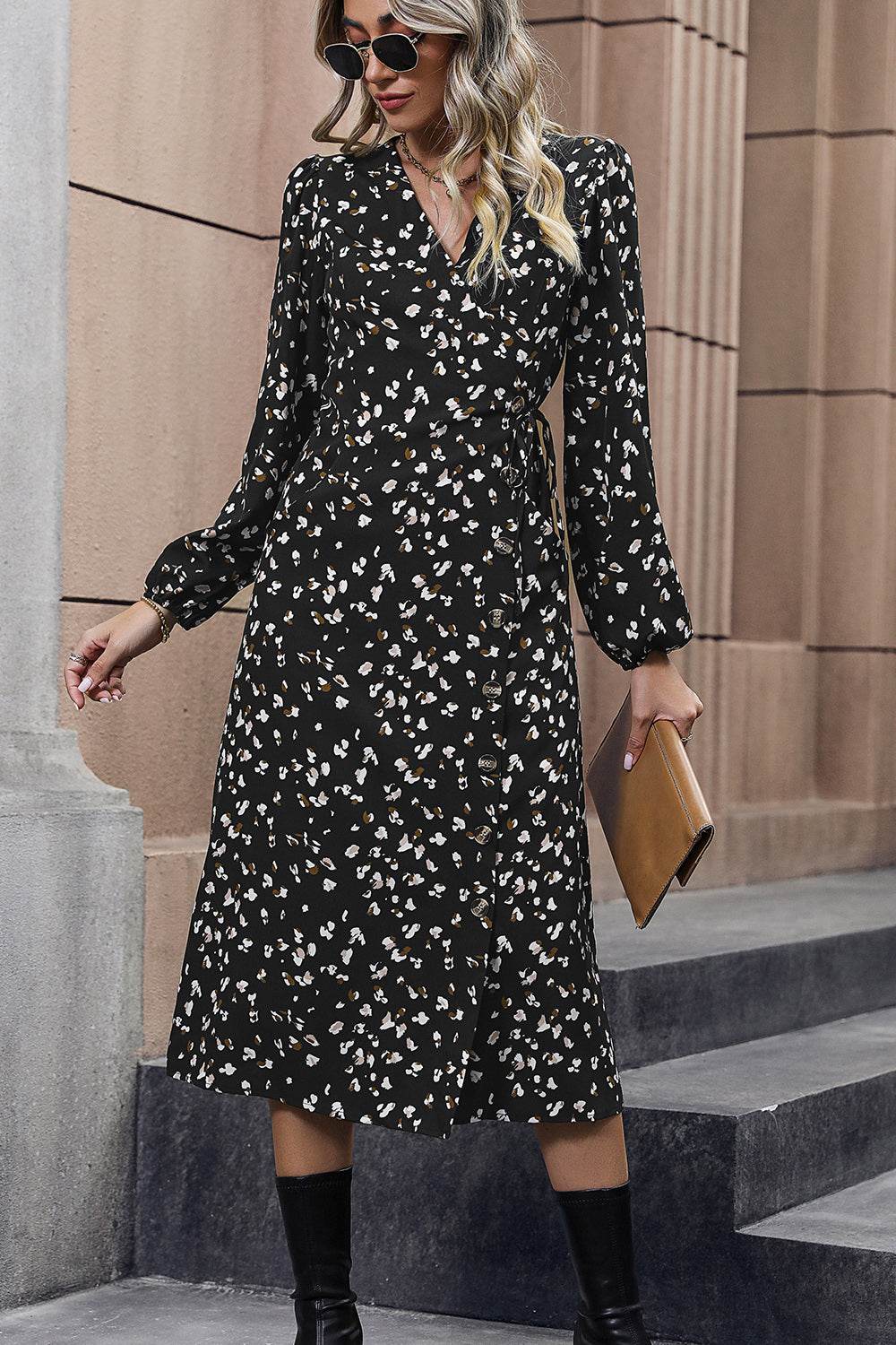 Perfee Printed Surplice Neck Long Sleeve Dress Trendsi 861718ec64d146eb8760fd3185e67c06-Max