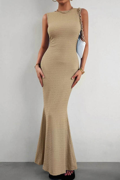 Devine Round Neck Sleeveless Maxi Fishtail Dress Sand Trendsi 86190230-8bb0-4878-8bd1-3678d9993c8f-Max