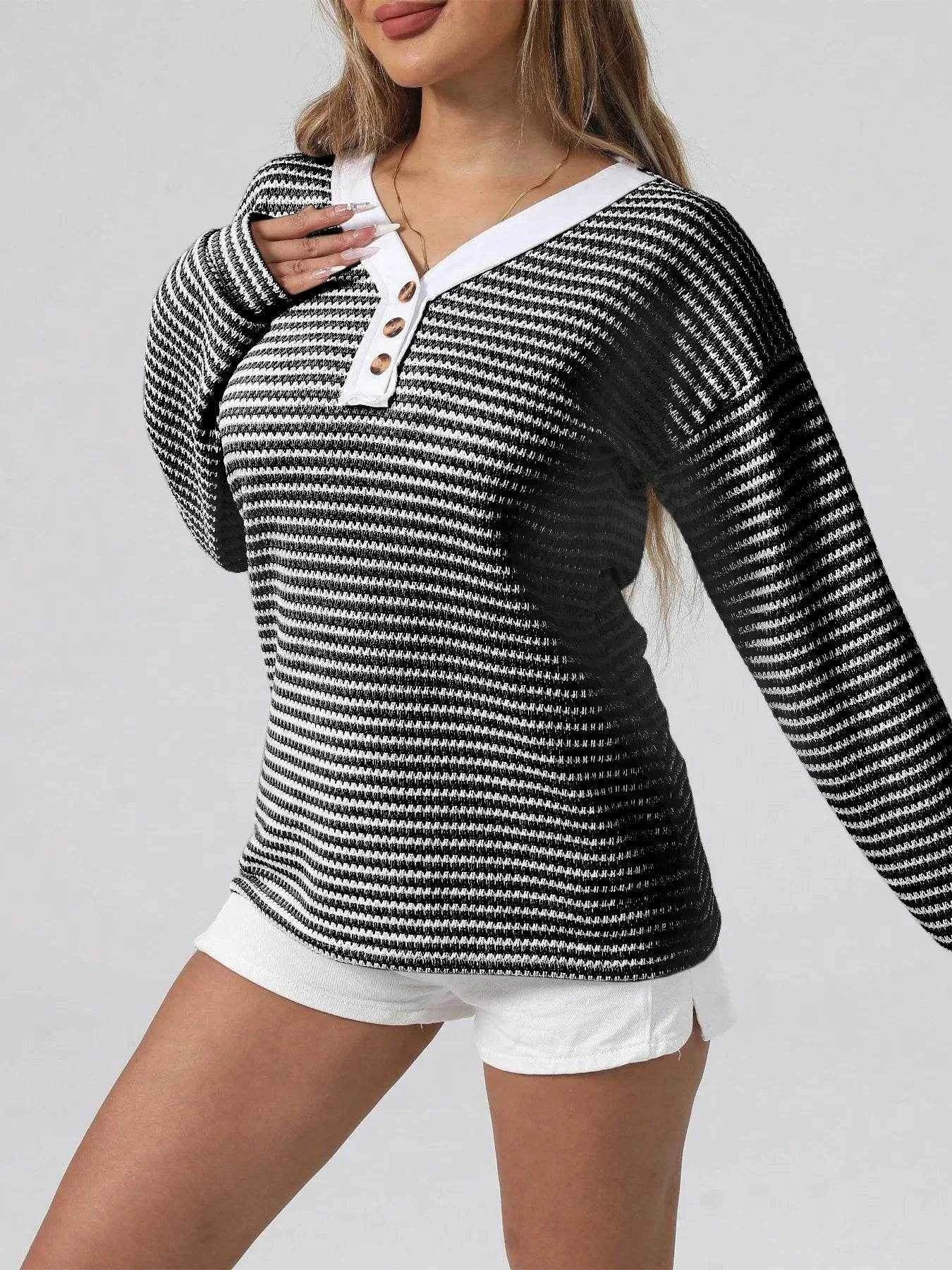 Striped Button Detail Long Sleeve Top Trendsi 862c71b43c464237972bf162941c71c7-Max-Origin