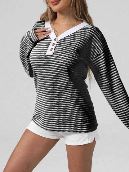 Striped Button Detail Long Sleeve Top Trendsi 862c71b43c464237972bf162941c71c7-Max-Origin