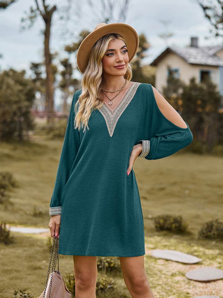 V-Neck Cutout Sleeve Mini Dress Teal Trendsi 864737a9522b4178bb7c6cf5ea008b23-Max