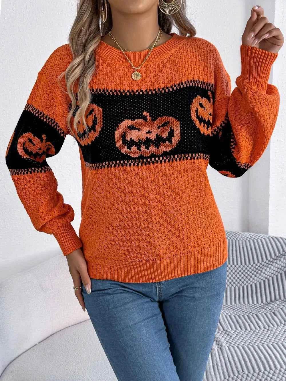 Pumpkin Round Neck Long Sleeve Sweater Trendsi 86509da4-ba81-4ed0-b3e7-f169ab4fdd2a-Max