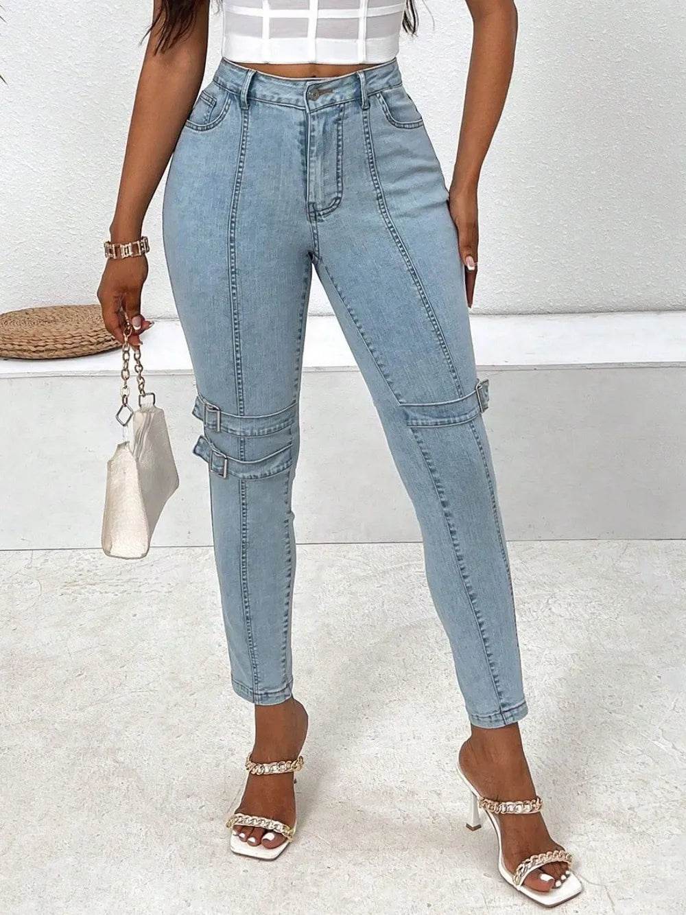 Decorative Buckle Skinny Jeans with Pockets Trendsi 86590d06-1af5-45c5-b4e3-1da7b66f51bd-Max