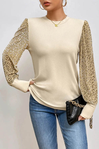 Leopard Print Long Sleeve Ribbed Knit Blouse Apricot Trendsi 865bc88f9b924a89a8b58751a204b454-Max