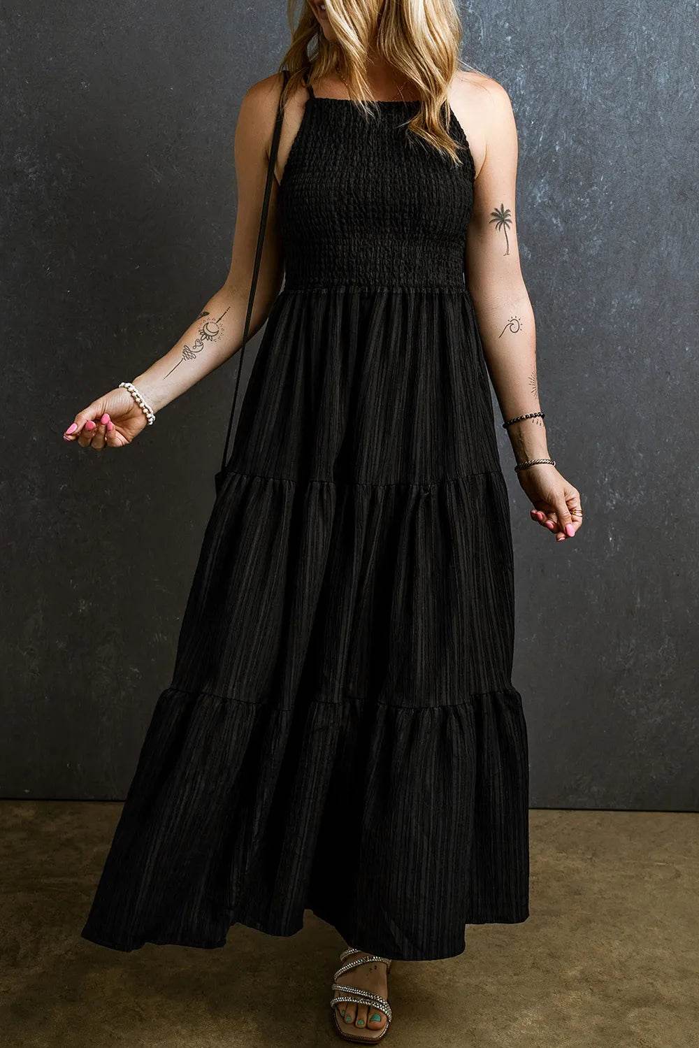 Smocked Tiered Spaghetti Strap Dress Black Trendsi 865bd460-5c6f-44cc-8698-8b610e86fdba-Max