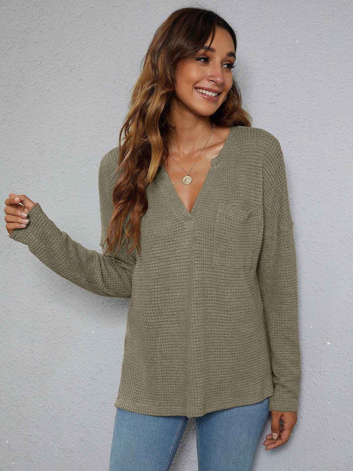 Dropped Shoulder High-Low Waffle-Knit Top Trendsi 86b8909d660746fda19445fce37fb8e6-Max