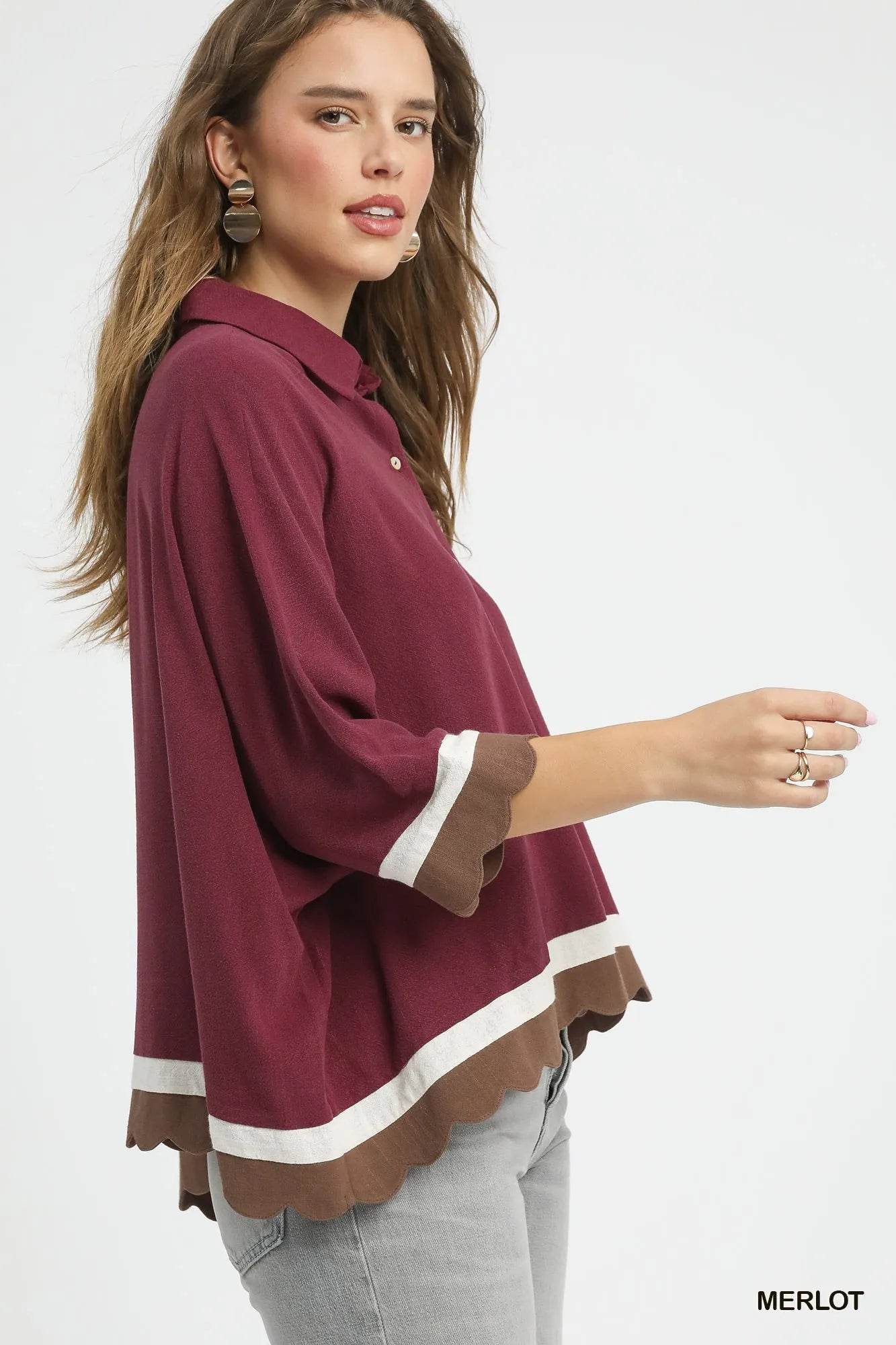 Umgee Colorblock Button-Down Shirt with Scallop Hem Trendsi 86bcf79f-aa84-4438-b1ec-c6221e37d6a9-Max-Origin