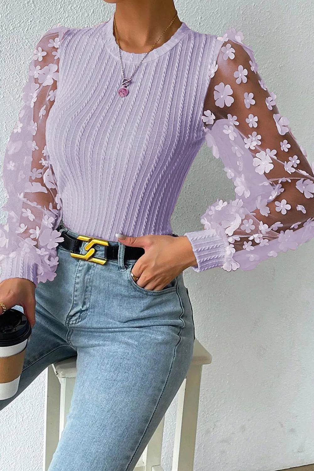 Textured Applique Long Sleeve Blouse Trendsi 86c61c2c-eca4-46fd-80d2-eca9ba0cf5ab-Max