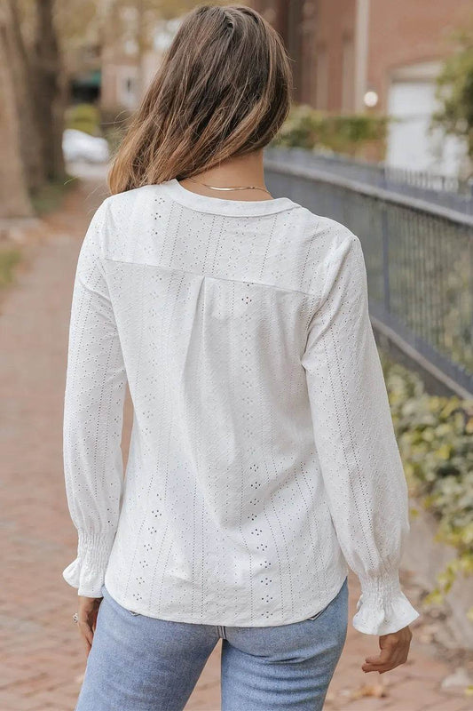 Openwork Notched Flounce Sleeve Blouse Trendsi 86e01dc7120843a28efffa694423d858-Max