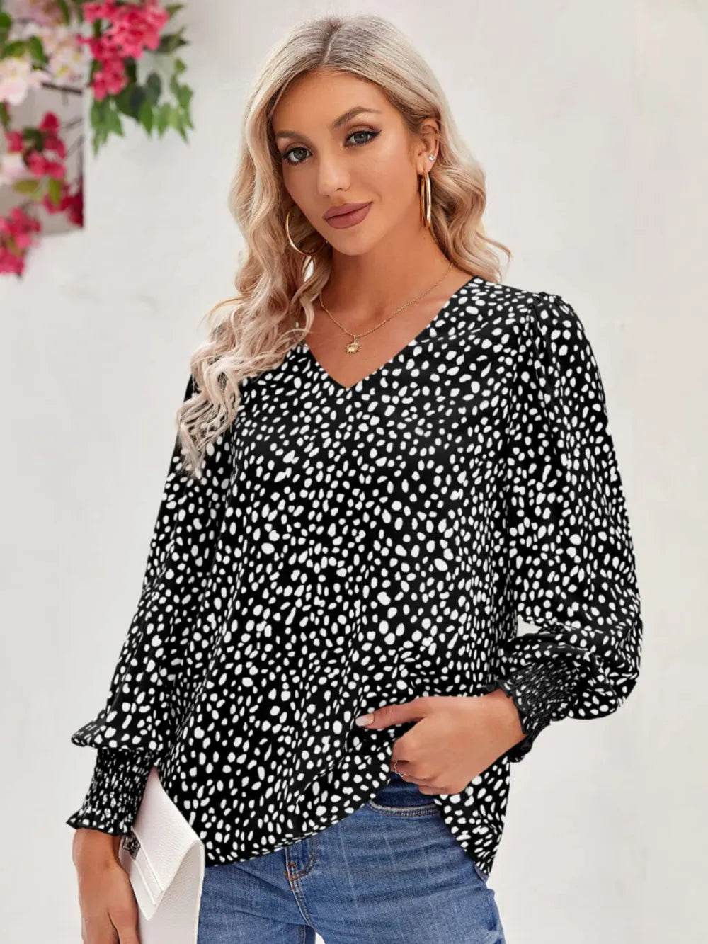 Printed V-Neck Lantern Sleeve Blouse Trendsi 86f367e6800d49d8b857a1d0cb8d3c95-Max