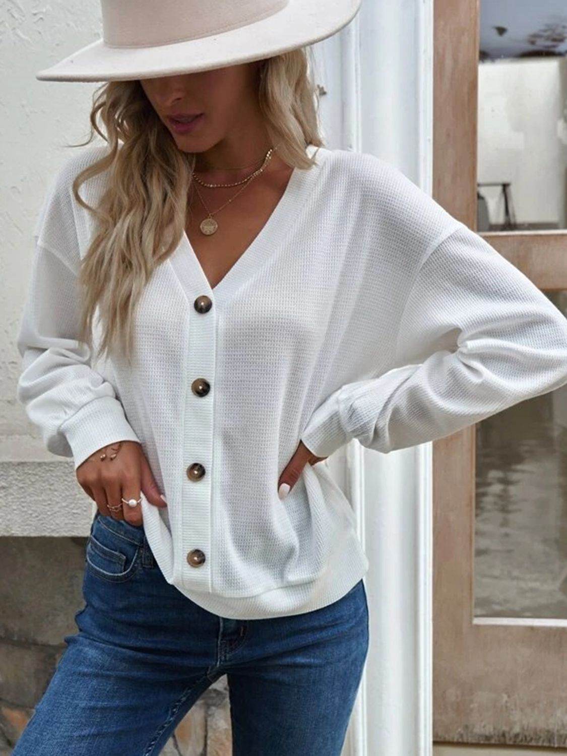 V-Neck Dropped Shoulder Blouse White Trendsi 86f99c001bfd4905bb01ad5e919ecb30-Max
