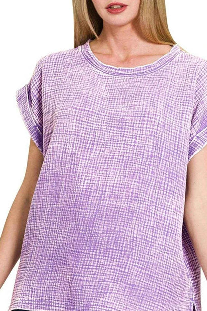Zenana Woven Double Gauze Acid Washed Short Sleeve Top Trendsi 871b78ab-475c-4ce9-9b75-00779c2f31de-Max-Origin
