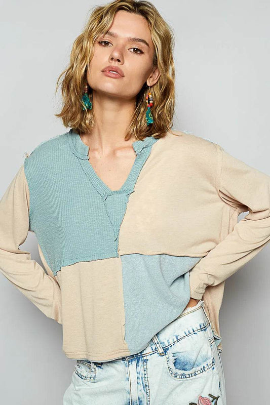 POL Color Block Notched Long Sleeve T-Shirt Pastel Blue Trendsi 87302d6d-cf51-4cbd-a9fc-9f79be7474fd-Max-Origin