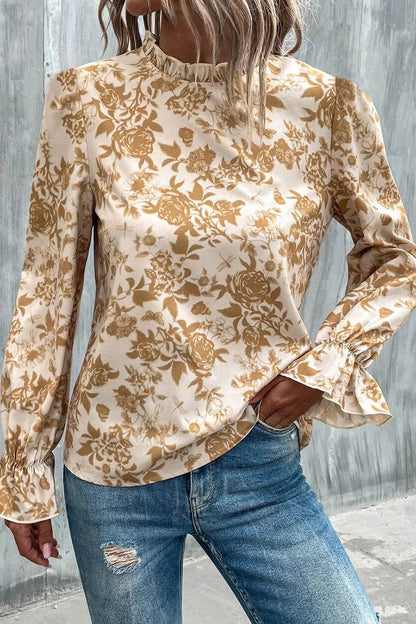 Floral Print Mock Neck Flounce Sleeve Blouse Trendsi 8731de89807d4d37b0263f2230a4b9a5-Max