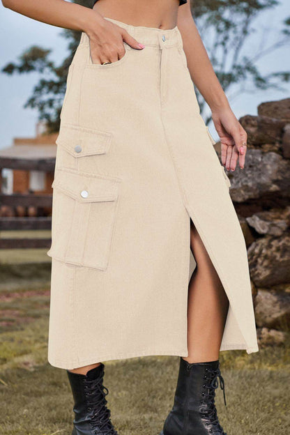 Slit Front Midi Denim Skirt with Pockets Trendsi 873b214c7e41460083790f43556dbc2d-Max