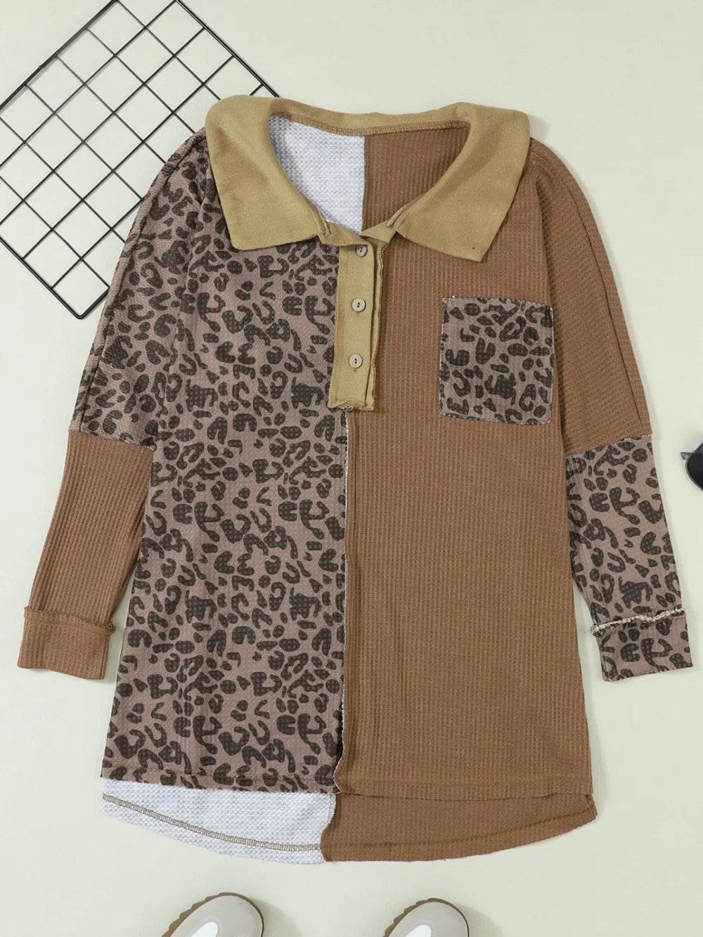 Half Button Leopard Collared Neck Blouse Taupe Trendsi 8746523fa29941ee83fa79f10f918a59-Max