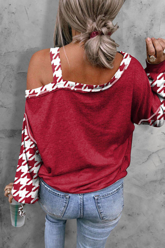 Houndstooth Long Sleeve Asymmetrical Neck Top Trendsi 875860dc0dfc44748dd0141728c70b3b-Max