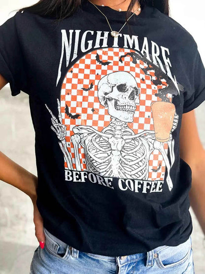 Halloween Skull Checkerboard Graphic Round Neck Tee Trendsi 8764844ff2774effb5200400195eef4f-Max-Origin