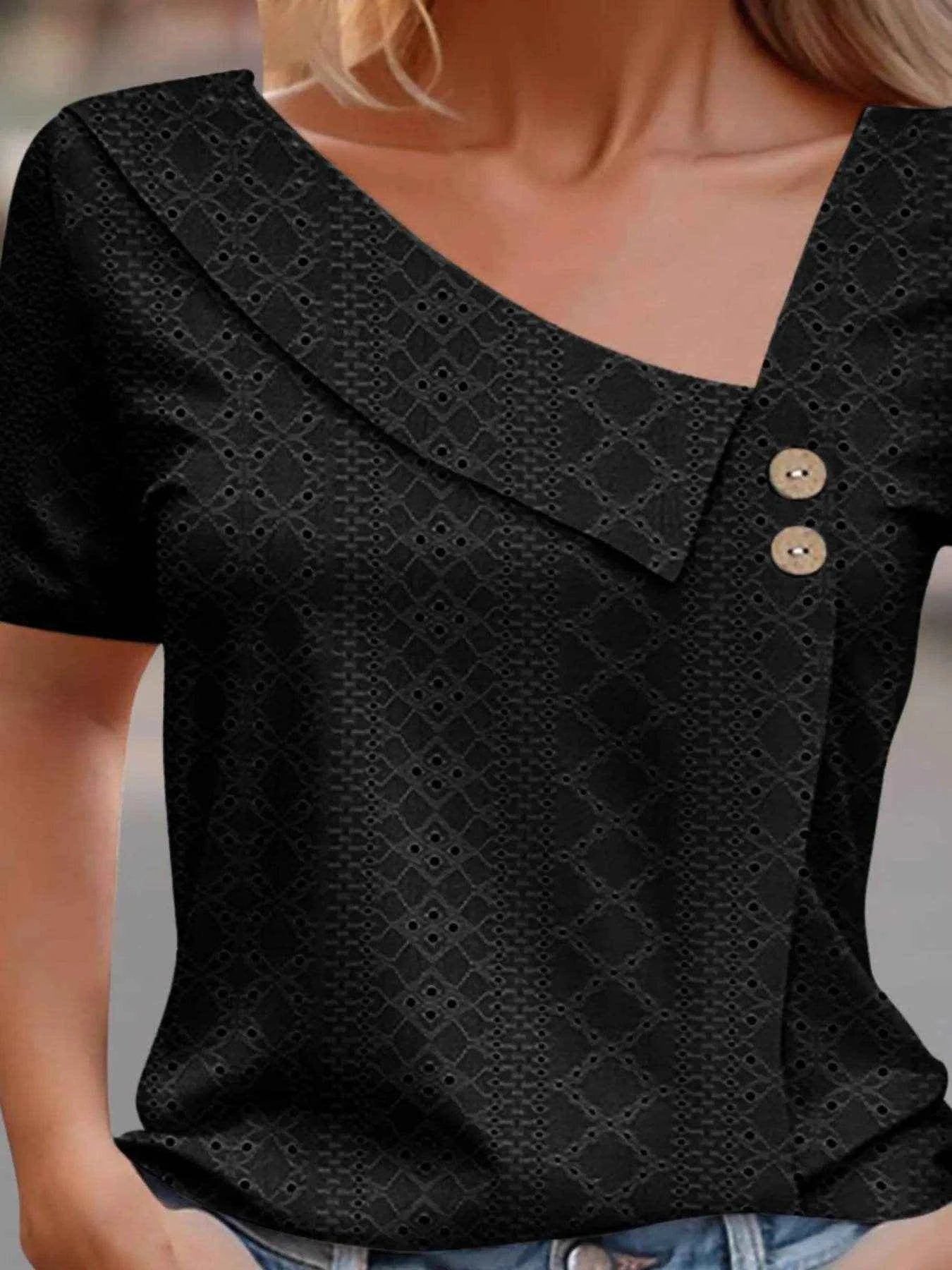 Eyelet Asymmetrical Short Sleeve T-Shirt Trendsi 87690deb-3dc5-421b-b171-f00cca9f4984-Max-Origin