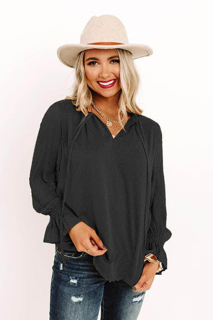Swiss Dot Tie Neck Flounce Sleeve Blouse Trendsi 8769313da616427d93ae47dd3b2c89e8-Max