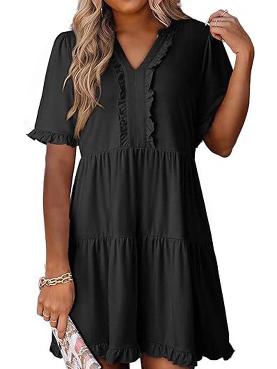 Tiered Notched Short Sleeve Mini Dress Black Trendsi 8774e2f5-9850-44c4-ac11-e801d0fd617c-Max-Origin